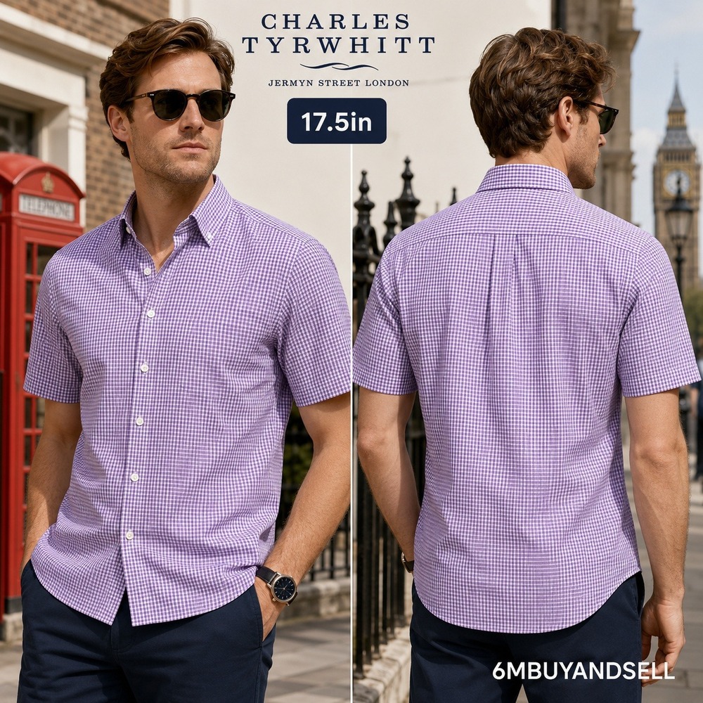 Charles Tyrwhitt Mens XL Purple Gingham Non-Iron Short Sleeve Shirt SS055PUR